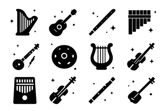Calm Musical Icons. Calm instruments. Solid icons set of calm instruments: harp, acoustic guitar, flute, panpipes, sitar, handpan, lyre, violin, kalimba,