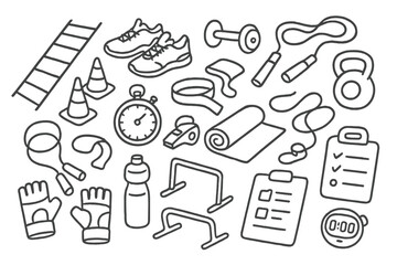 Fototapeta premium Fitness Equipment Doodle. Hand-drawn doodle illustration [fitness training equipment] [agility ladder, sneakers, cones, dumbbell, jump rope, resistance band,