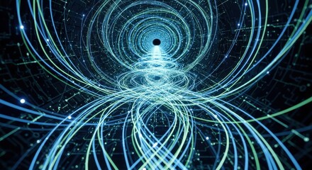 Abstract Technology Background with Glowing Circular Lines and Data Flow