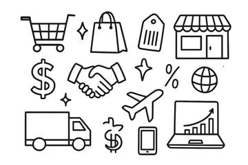 Consumer Goods Icons. Hand-drawn doodle illustration Consumer Goods [shopping cart, shopping bag, tag, barcode, storefront, star, sparkle, dollar sign,