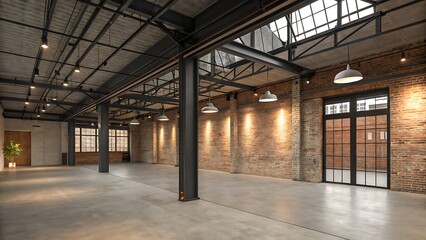 Interior view of a large empty warehouse with exposed brick walls and beams