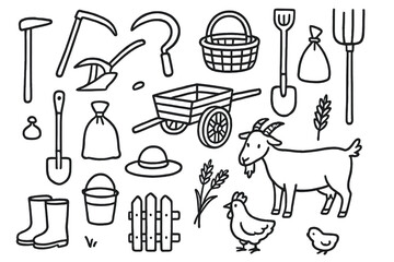 Peasant Life Tools. Hand-drawn doodle illustration peasant life tools hoe, plow, sickle, pitchfork, basket, shovel, sack, wooden cart, bucket, fence, boots,