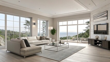 Bright living room with ocean view and modern furniture arrangement