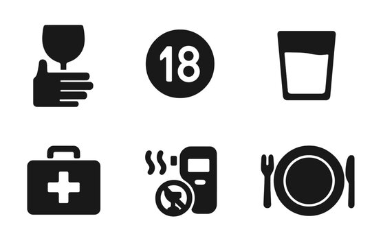 Happy Hour Safety Icons. Solid, filled icon set of happy hour safety and moderation: drink responsibly sign, age restriction, warning sign, water glass, first