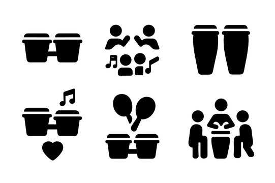 Bongo Rhythms Icon Set. Solid, filled icon set of bongo rhythms: mambo, salsa, son, rumba, cha-cha, bolero, timba, guaguanco. Solid, filled icons in only black