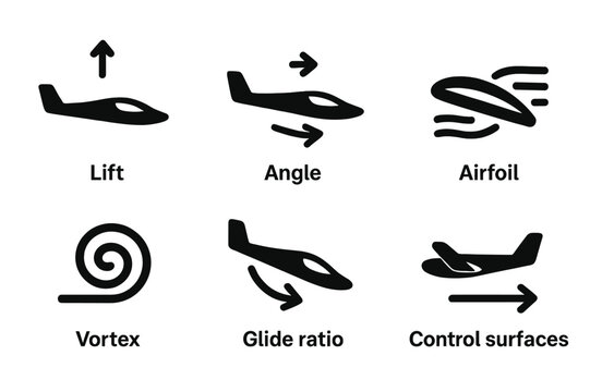 Glider Aerodynamics Icons. Solid, filled icon set of glider aerodynamics concepts: lift, drag, angle of attack, airfoil, vortex, stall, glide ratio, control