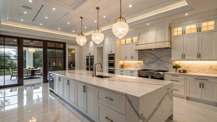 A luxurious kitchen with marble island and elegant pendant lighting