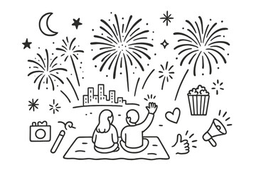 Cartoon Fireworks Celebration. Hand-drawn doodle illustration Fireworks Show fireworks burst, sparkles, stars, moon, night sky, skyline, blanket, sitting