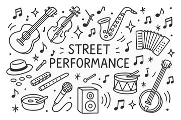 Obraz premium Street Music Doodle. Hand-drawn doodle illustration Street Performance [guitar, violin, saxophone, drum, hat, coins, microphone, speaker, sparkle, star, music