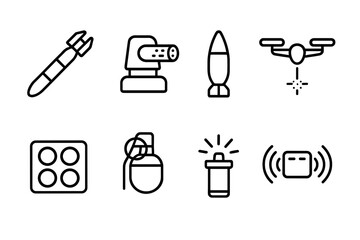 Drone Weapons Icon Set. Outline icon set of drone weapons: guided missile, machine gun turret, bomb, laser designator, rocket launcher, grenade, flare, sensor
