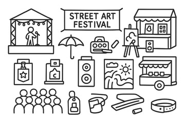 Street Art Festival Icons. Hand-drawn doodle illustration [street art festival] stage, artist booth, crowd, canvas, mural wall, speaker, paint booth, food