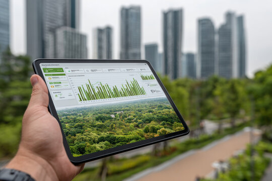 Handheld tablet shows data graphs and charts over a lush urban park, with a modern city skyline in the background, highlighting real time analytics.