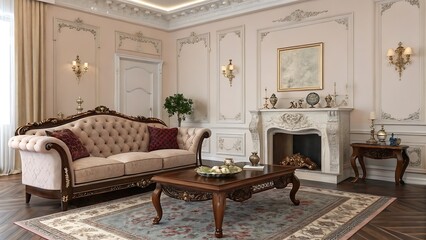 Living room with fireplace sofa and table in a classic style decor