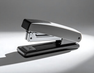 A black and silver office stapler on a gray background, with dramatic, studio-style lighting. A professional concept for business and office work. Generative AI