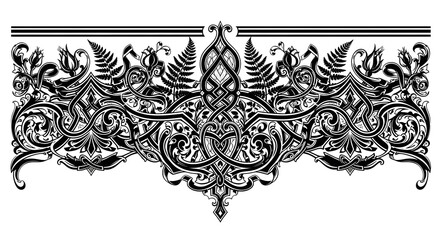 Elegant black ornate border design with intricate Celtic knots and botanical elements