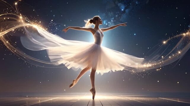 Elegant Ballet Dancer Performing Against a Starry Sky Background