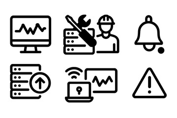 Server Farm Icons. Solid, filled icon set of server farm operations: monitoring screen, maintenance tools, technician, alert bell, system update, remote