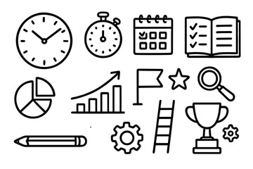 Fototapeta premium Time Management Doodles. Hand-drawn doodle illustration time management in progress tracking clock, stopwatch, calendar, checklist, notebook, pie chart, bar