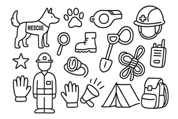 Rescue Tools Doodle. Hand-drawn doodle illustration search and rescue dog paw print, whistle, flashlight, magnifying glass, helmet, boots, shovel, rope,