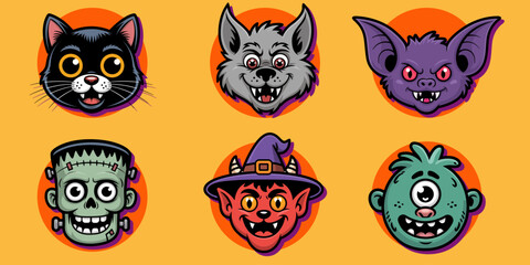 Halloween cartoon characters collection with monster, cat, werewolf, bat, cyclops, Frankenstein, spooky mascot vector illustration