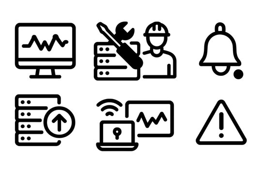 Server Farm Icons. Solid, filled icon set of server farm operations: monitoring screen, maintenance tools, technician, alert bell, system update, remote