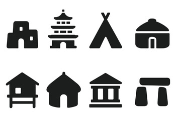 Ethnic Architecture Icons. Solid, filled icon set of ethnic architecture: adobe house, pagoda, teepee, yurt, stilt house, hut, temple, stone circle. Solid,