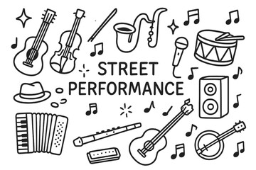 Fototapeta premium Street Music Doodle. Hand-drawn doodle illustration Street Performance [guitar, violin, saxophone, drum, hat, coins, microphone, speaker, sparkle, star, music