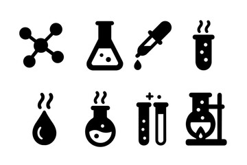 Aroma Chemistry Icons. Solid, filled icon set of aroma chemistry: molecule structure, chemical flask, pipette, dropper, test tube, aroma compound, reaction,