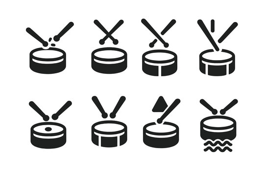 Drum Technique Icons. Solid, filled icon set of drum kit playing techniques: rim shot, drum roll, flam, paradiddle, ghost note, double stroke, accented hit,
