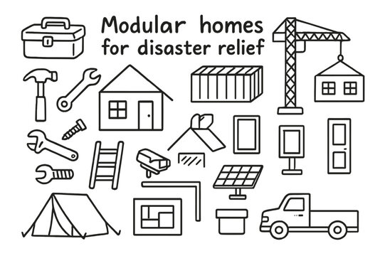 Disaster Relief Doodle. Hand-drawn doodle illustration Modular homes for disaster relief house module, crane, container, toolbox, hammer, wrench, screw,