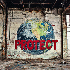 Obraz premium AI Generated - Brick wall with a globe painted on it and the word 