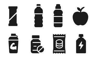 Fototapeta premium Running Nutrition Icons. Solid, filled icon set of running nutrition: energy bar, water bottle, sports drink, fruit, protein shake, electrolyte tablets, snack