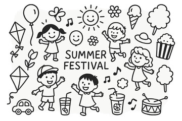 Naklejka premium Summer Festival Doodle. Hand-drawn doodle illustration children at summer festival smiling face, balloon, kite, toy, ice cream cone, cotton candy, popcorn box,