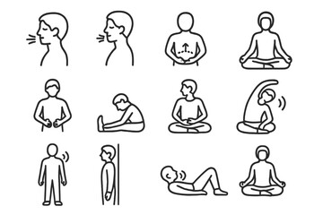Breathing Exercise Icons. Breathing exercises. Line icon set of breathing exercises: deep inhale, deep exhale, diaphragmatic breathing, seated meditation,