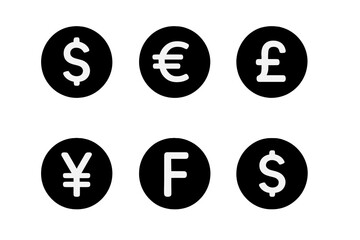 Obraz premium Currency Icon Set. Solid, filled icon set of currency types: US dollar, Euro, British pound, Japanese yen, Chinese yuan, Swiss franc, Canadian