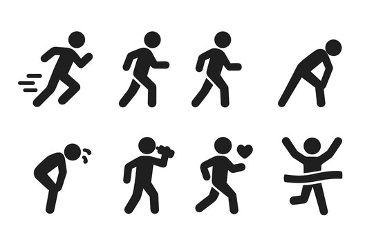 Marathon Runner Icons. Solid, filled icon set of marathon runner movements: sprinting, pacing, jogging, stretching, breathing, hydration, endurance, finishing
