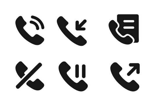 Call Notification Icons. Solid, filled icon set of call notifications: ringing phone, missed call, call log, call mute, call hold, call end, incoming call,