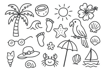 Obraz premium Tropical Beach Doodle. Hand-drawn doodle illustration tropical beach walk palm tree, coconut, wave, seashell, starfish, crab, footprint, sunglasses, hat, sun,