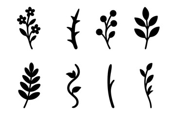 Plant Branch Icons. Solid, filled icon set of plant branches: flowering branch, thorny twig, berry branch, leafy stem, succulent branch, vine branch, smooth