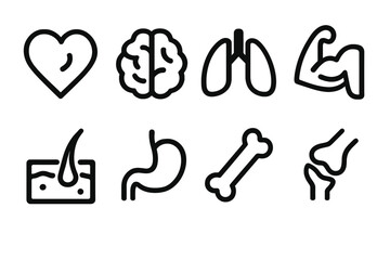 Fototapeta premium Wellness Body Icons. Solid, filled icon set of wellness body parts: heart, brain, lungs, muscles, skin, stomach, bones, joints. Line icons in only black color.
