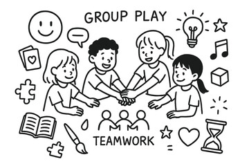 Collaborative School Doodles. Hand-drawn doodle illustration [collaborative group play in school] [children, hand stack, smiley face, cards, puzzle, light