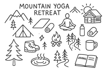 Fototapeta premium Mountain Yoga Retreat. Hand-drawn doodle illustration [Mountain yoga retreat] [mountain, pine tree, yoga mat, pose icon, cabin, sun, water bottle, rolled