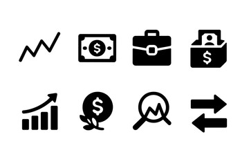 Finance App Icons. Solid, filled icon set of finance app investments: stock, bond, portfolio, fund, growth chart, dividend, analysis, trade. [Solid, filled