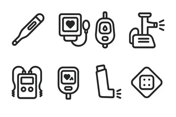 Medicated Devices Icon Set. Solid, filled icon set of medicated health devices: thermometer, blood pressure monitor, glucometer, nebulizer, TENS unit, pulse