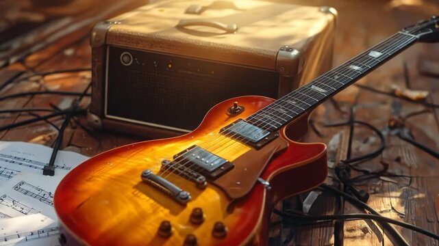 Electric Guitar, Amplifier, and Sheet Music on Rustic Wooden Surface in Warm Light