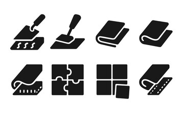 Carpet Installation Icons. Solid, filled icon set of carpet installation types: glue down, stretch in, loose lay, double glue, tackless strip, interlocking
