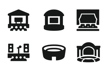 Concert Venue Icons. Solid, filled icon set of concert venues: open air stage, indoor arena, theater, club, stadium, amphitheater, festival ground, concert