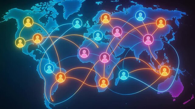 Global network connections depicted with colorful user icons and lines, showcasing modern digital communication and interaction. - Powered by Adobe