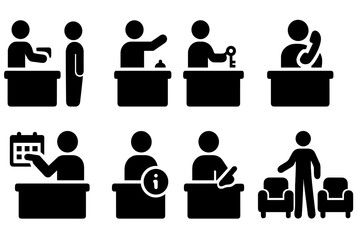 Reception Activity Icons. Solid, filled icon set of reception activities: check-in, greeting guest, handing key, answering phone, booking, providing