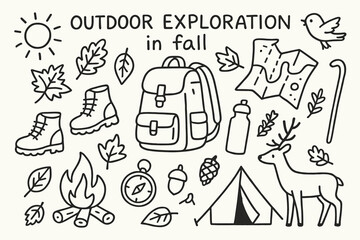 Obraz premium Outdoor Adventure Icons. Hand-drawn doodle illustration Outdoor exploration in fall, backpack, hiking boots, map, compass, water bottle, campfire, leaves,